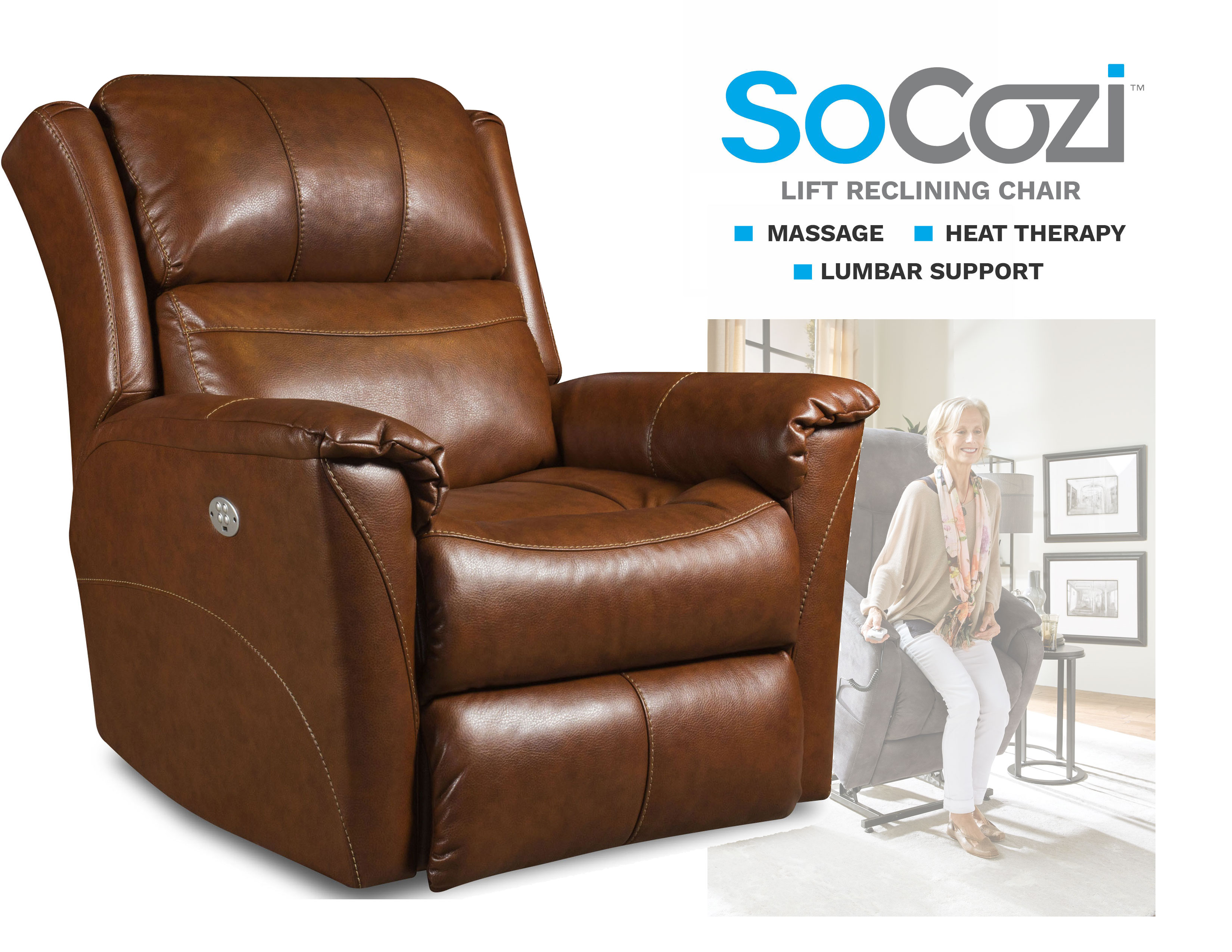 Shimmer Lay Flat LIFT Recliner w/ SOCozi Heat, Sofas and Sectionals