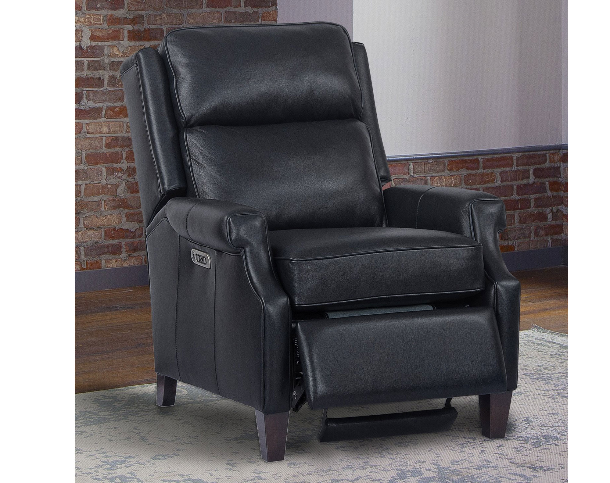 Dixon Navy Leather Pushback High Leg Recliner Sofas and Sectionals