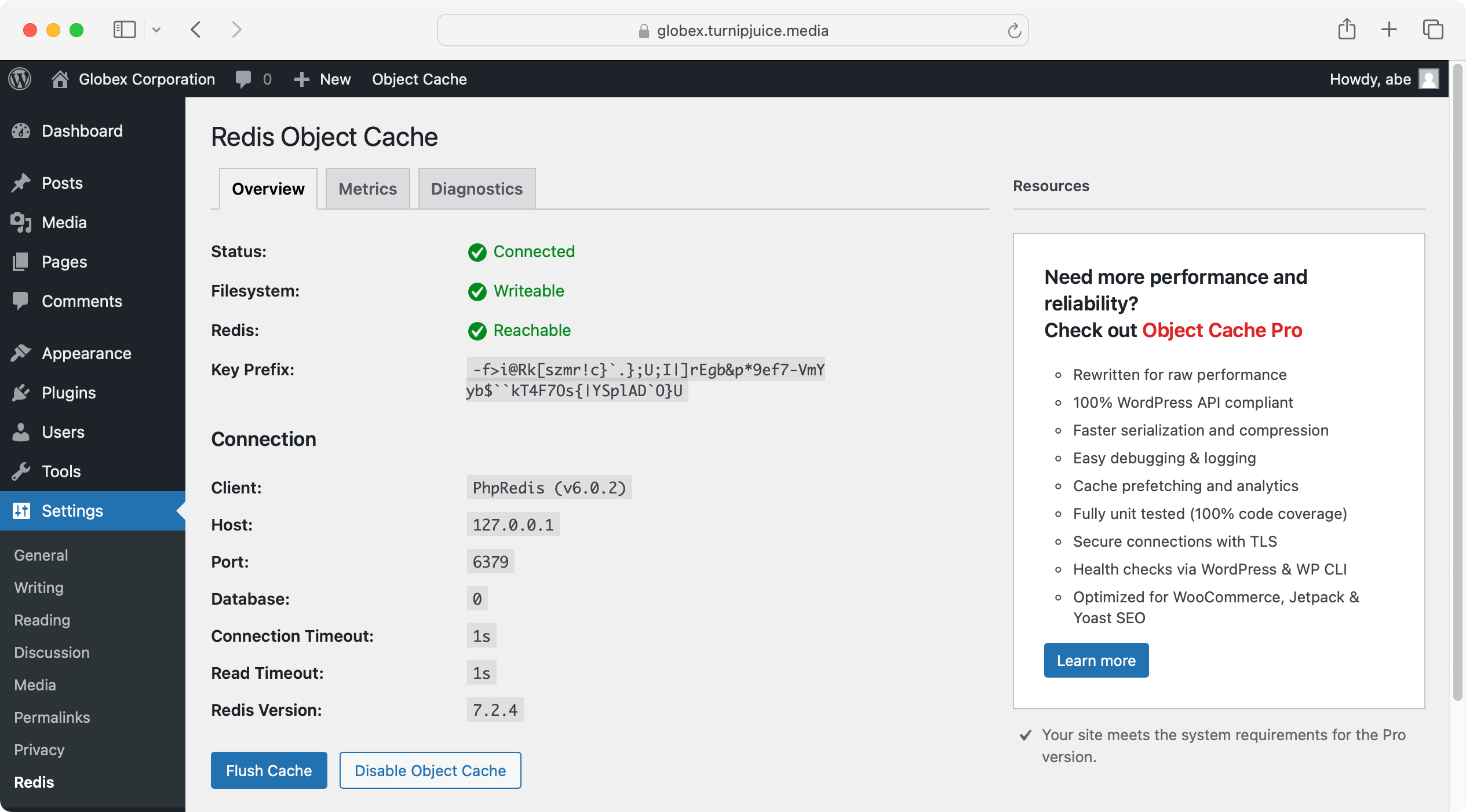 Configure Redis Object Cache &amp; Nginx FastCGI Page Cache for 