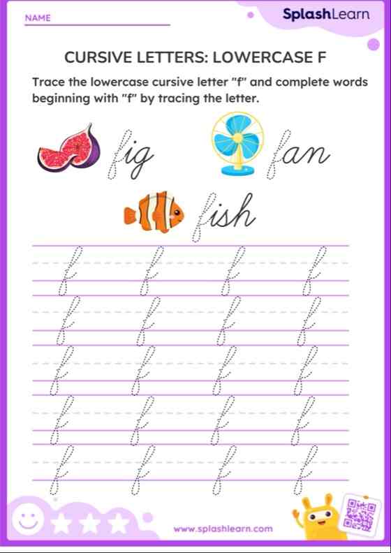 Cursive Letters: Lowercase F - ELA Worksheets - SplashLearn