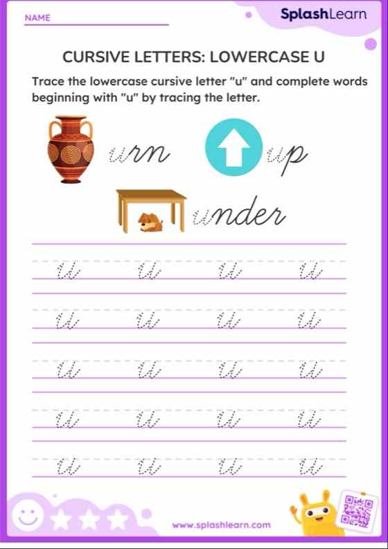 Cursive Letters: Lowercase U - ELA Worksheets - SplashLearn