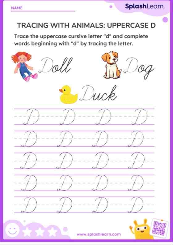 Cursive Letters: Uppercase D - ELA Worksheets - SplashLearn