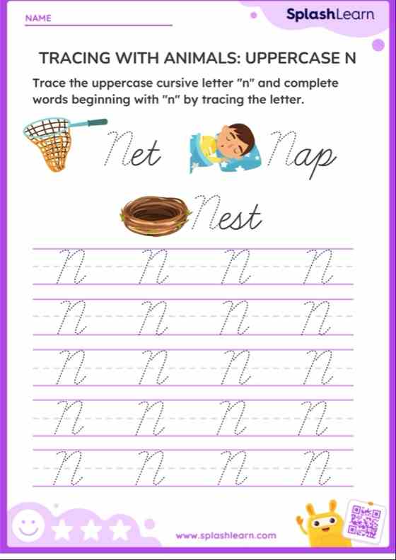 Cursive Letters: Uppercase N - ELA Worksheets - SplashLearn