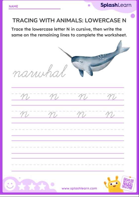 Cursive Tracing with Animals: Lowercase N - ELA Worksheets - SplashLearn