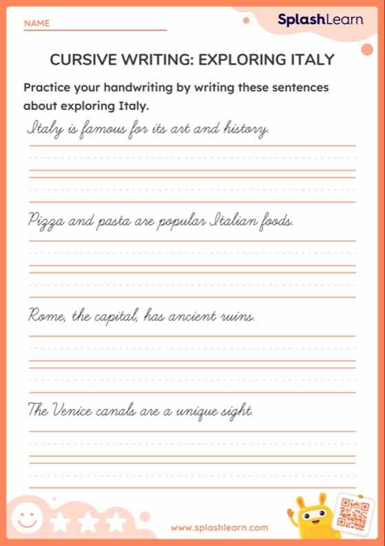 Cursive Writing Exploring Italy — Printable ELA Worksheet