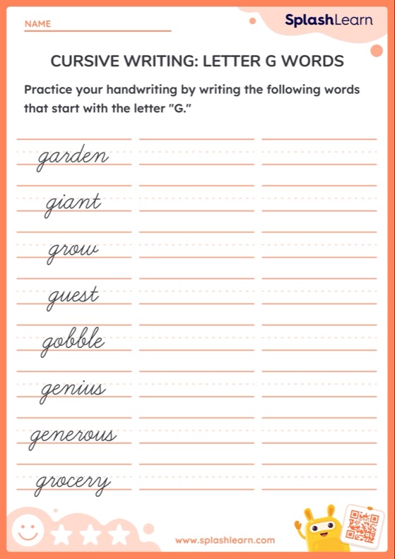 Cursive Writing: Letter G Words — Printable ELA Worksheet