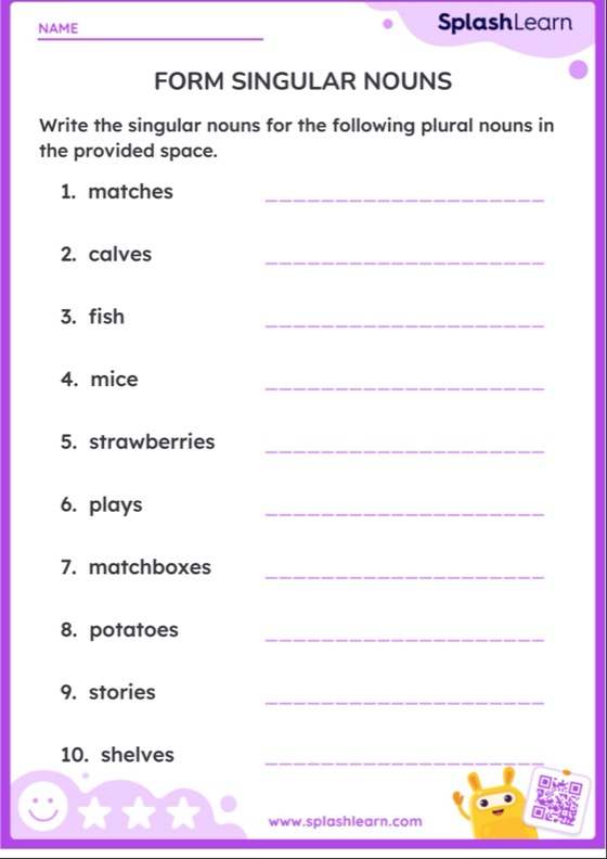 Form Singular Nouns — Printable ELA Worksheet