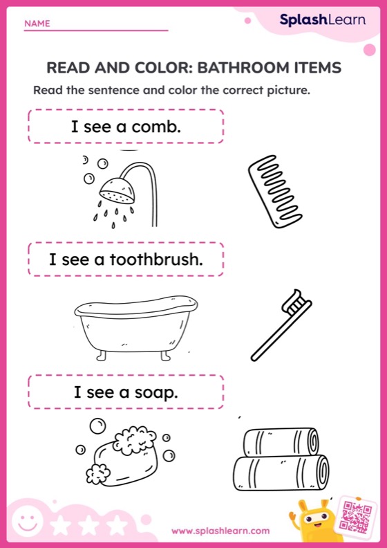 Read and Colour Bathroom Items — Printable ELA Worksheet