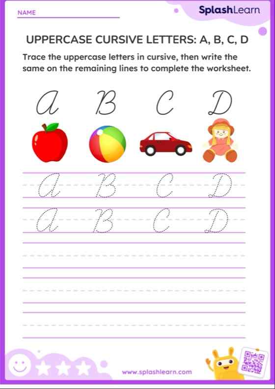 Uppercase Cursive Letters: A, B, C, D - ELA Worksheets - SplashLearn