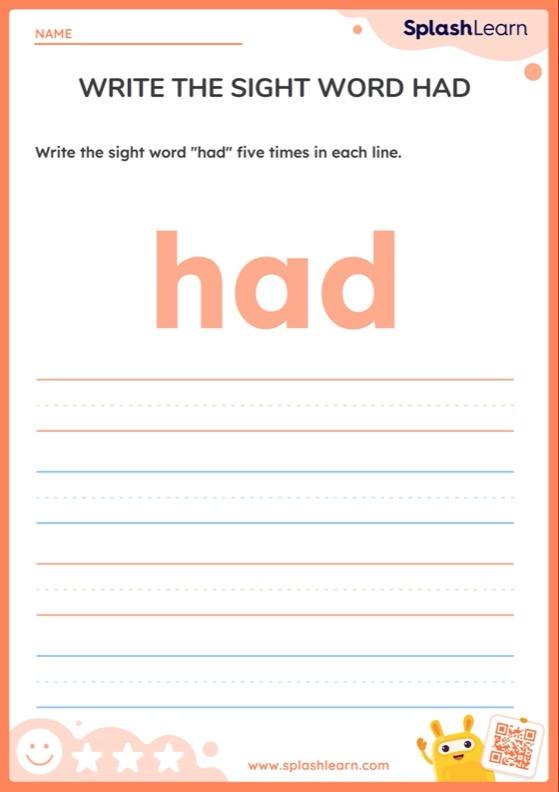 Write the Sight Word Had Worksheet ELA Worksheets SplashLearn