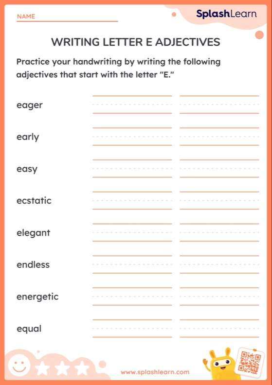Writing Practice Letter E Adjectives — Printable ELA Worksheet
