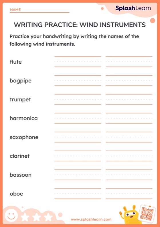 Writing Practice Wind Instruments — Printable ELA Worksheet
