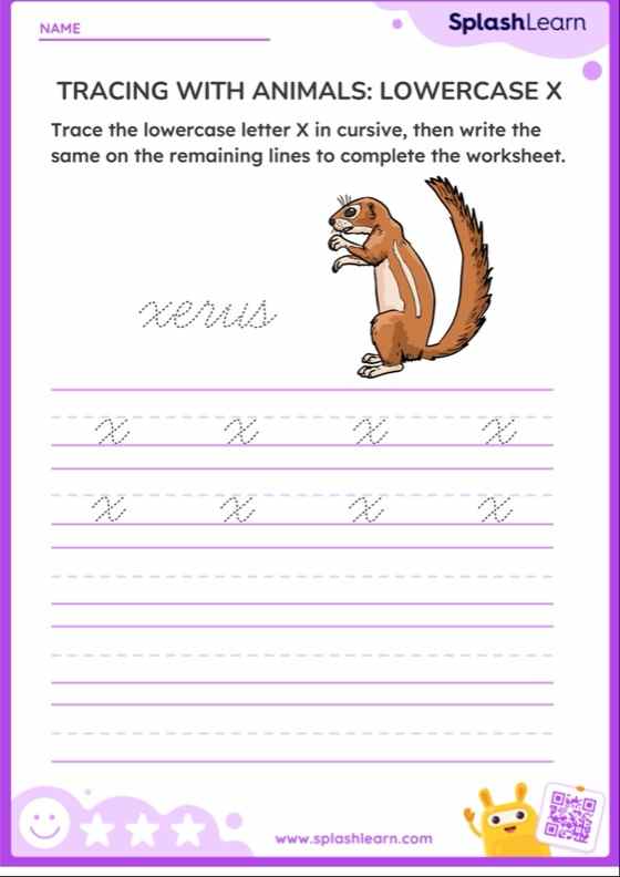 Cursive Tracing with Animals: Lowercase X | Printable English Sheet