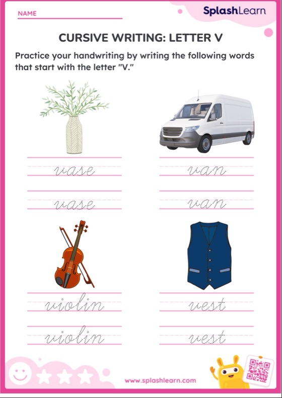 Cursive Writing: Letter V — Printable ELA Worksheet