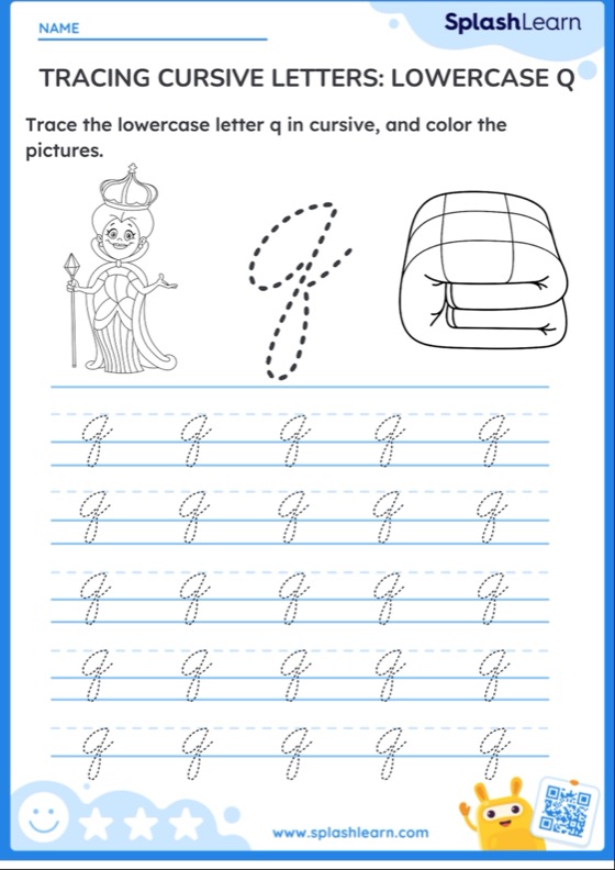 Tracing Cursive Letters: Lowercase Q - Worksheet | Printable English Sheet
