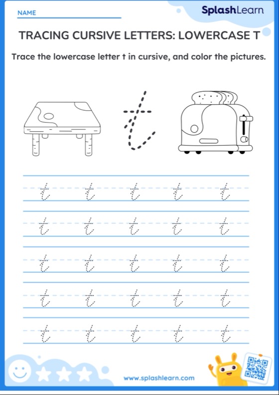 Tracing Cursive Letters: Lowercase T — Printable ELA Worksheet