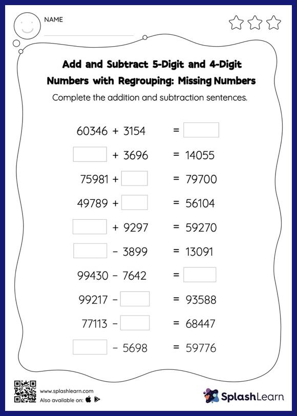 Add and Subtract 5Digit and 4Digit Numbers with Regrouping Missing