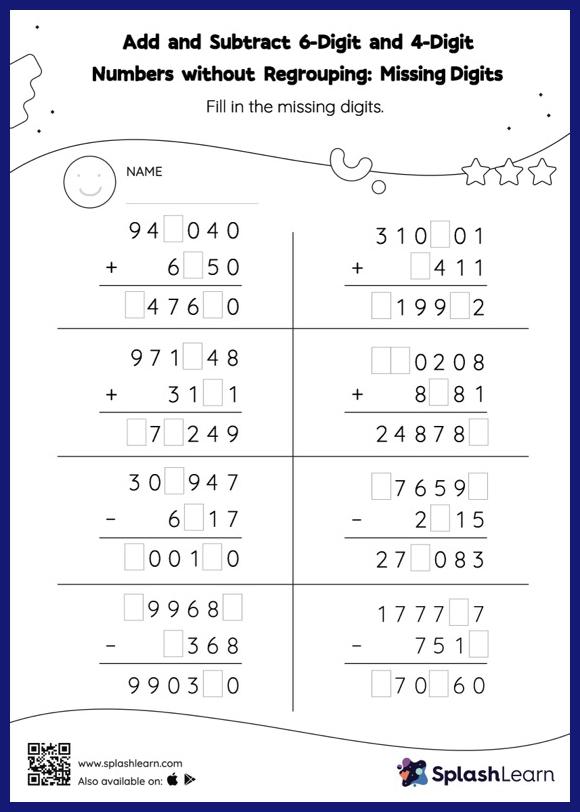 Add and Subtract 6-Digit and 4-Digit Numbers without Regrouping