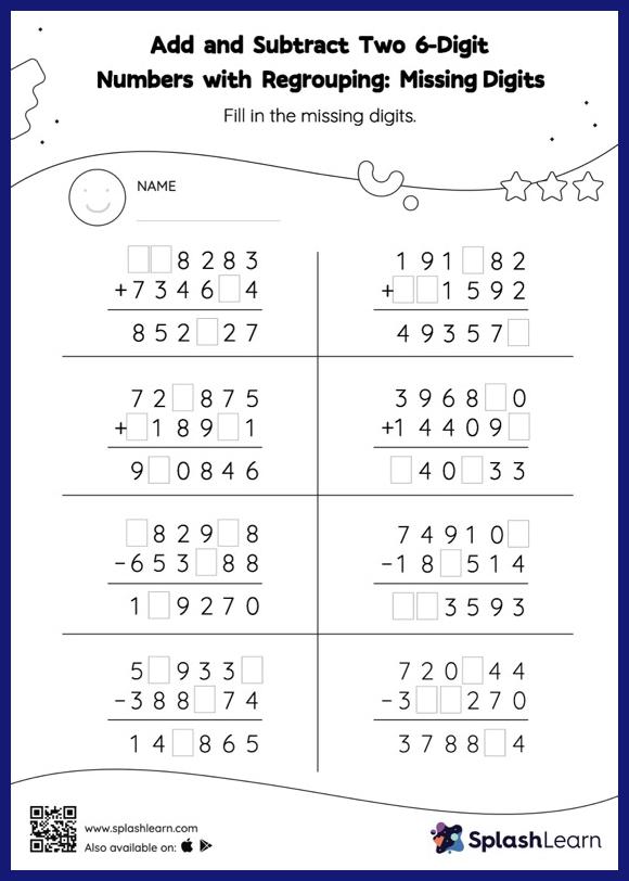 Addition within 1000000 Worksheets for Kids Online SplashLearn