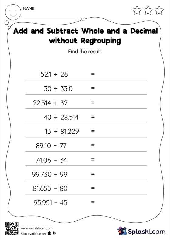 Add and Subtract Whole and a Decimal without Regrouping Horizontal