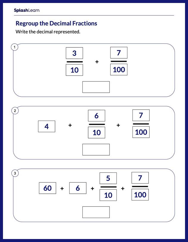 Add Decimal Fractions to Write Decimal Number Math Worksheets