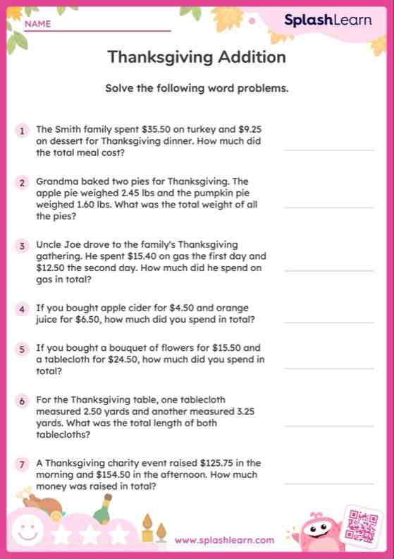 Add Decimal Numbers with upto 2 Decimal Place Thanksgiving Word Problems — Printable Math Worksheet