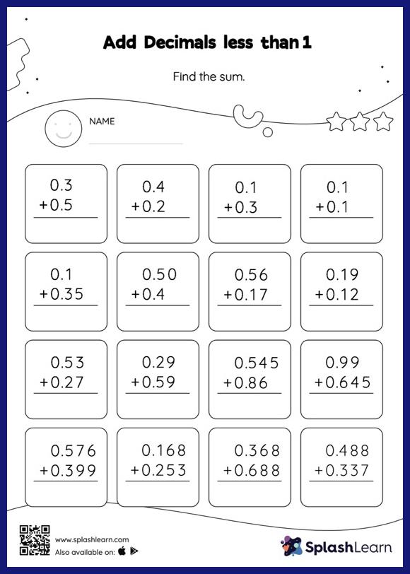 Add Decimals less than 1 Vertical Addition Math Worksheets SplashLearn