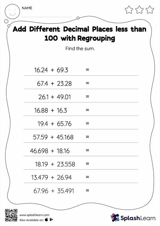 Add decimals with regrouping Worksheets for Kids Online SplashLearn