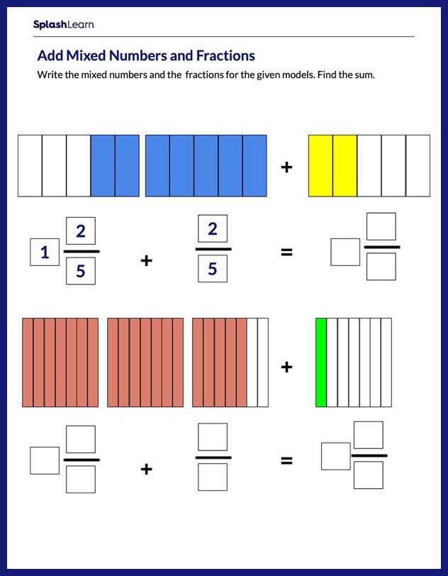 Add mixed numbers Worksheets for Kids Online