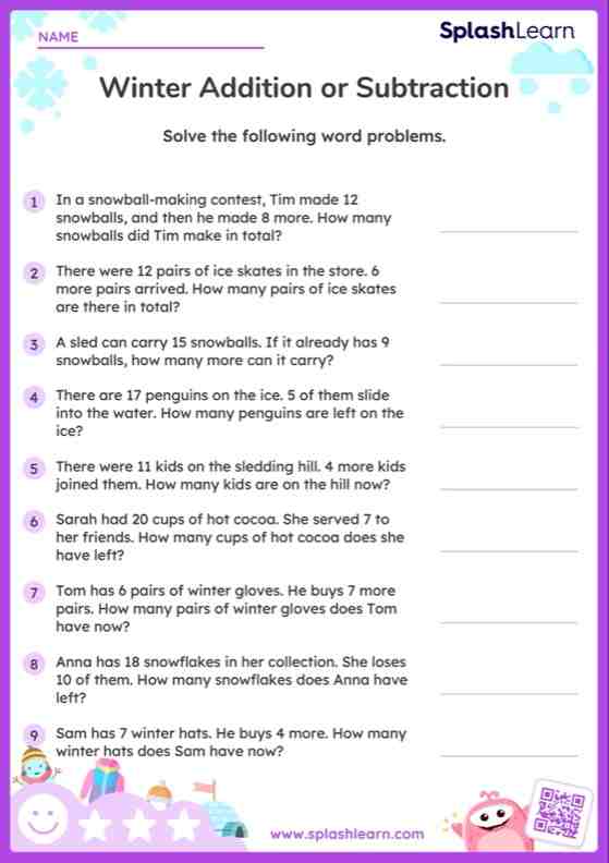 Add or Subtract within 20: Winter Word Problems — Printable Math Worksheet