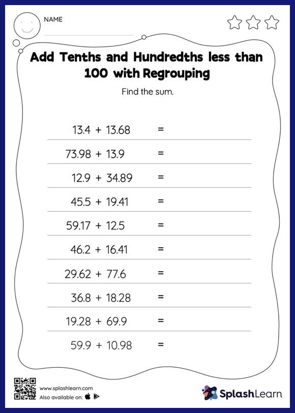 Add Tenths and Hundredths less than 100 with Regrouping Horizontal Addition Math Worksheets