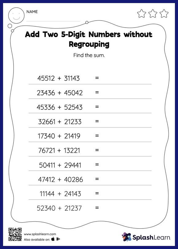 Add Two 5Digit Numbers without Regrouping Horizontal Addition Math