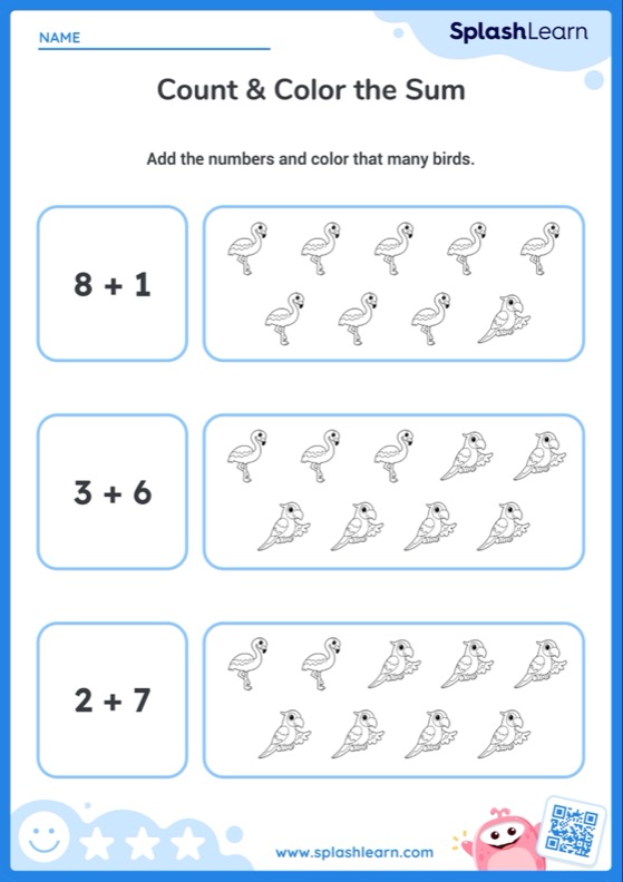 Color Birds (Sum 9) — Printable Math Worksheet