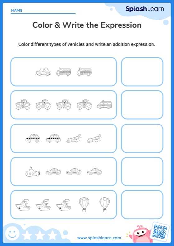 Color Vehicles and Add (Within 5) — Printable Math Worksheet Color Vehicles and Add (Within 5) — Printable Math Worksheet