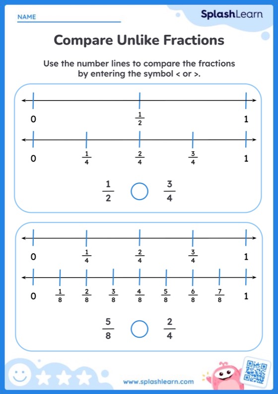 Using Number Line to Compare Fractions Math Worksheets SplashLearn