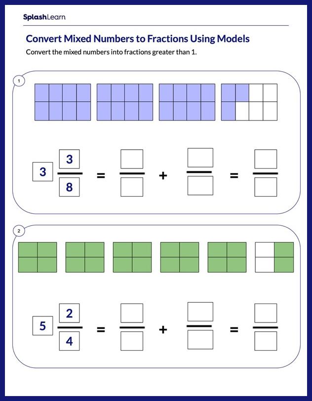 Convert Mixed Numbers Using Area Models Math Worksheets SplashLearn