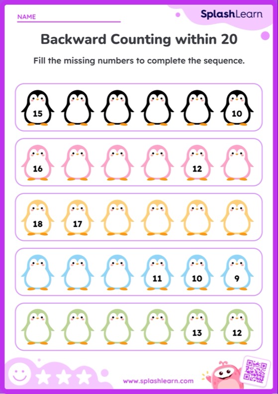 Count Backwards within 20 with Penguins — Printable Math Worksheet