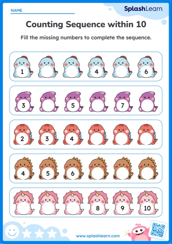 Counting Sequence within 10 with Dinosaurs - Worksheet