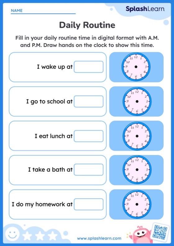 Daily Routine with Appropriate Time in AM and PM — Printable Math Worksheet