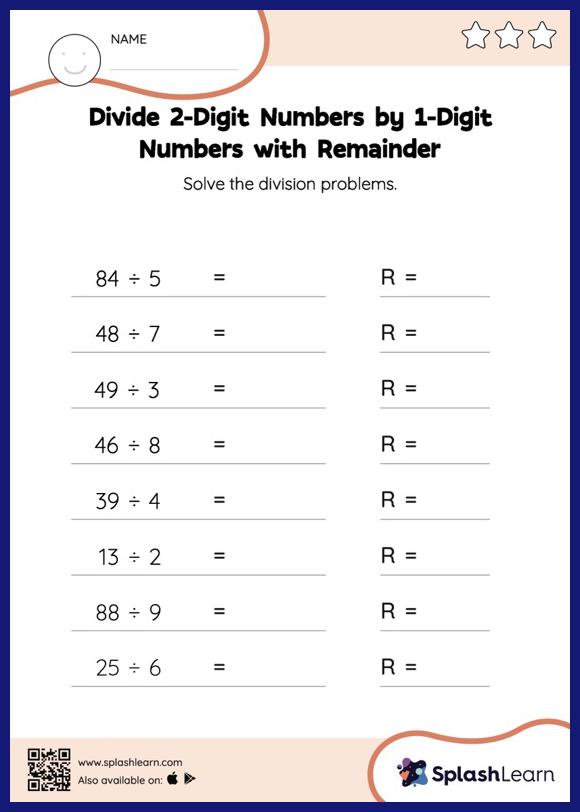 Divide 2Digit Numbers by 1Digit Numbers with Remainder Horizontal