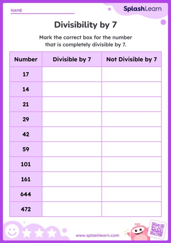 Divisibility Check by 7 — Printable Math Worksheet