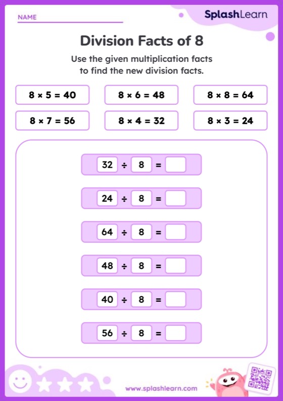Division by 8 Using Multiplication Facts Worksheet
