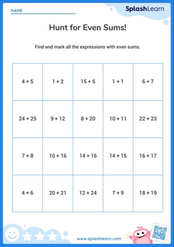 Even Sum in Addition Expressions Within 50 - Worksheet