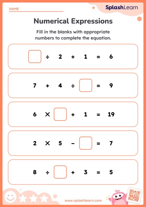 Find Missing Numbers in Numerical Expressions - Worksheet