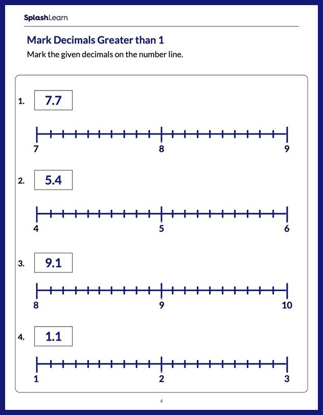 Mark the Decimals Greater than 1 on a Number Line Math Worksheets SplashLearn