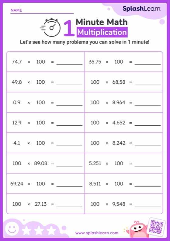 Multiply Decimals and 100 Horizontal Timed Practice — Printable Math Worksheet