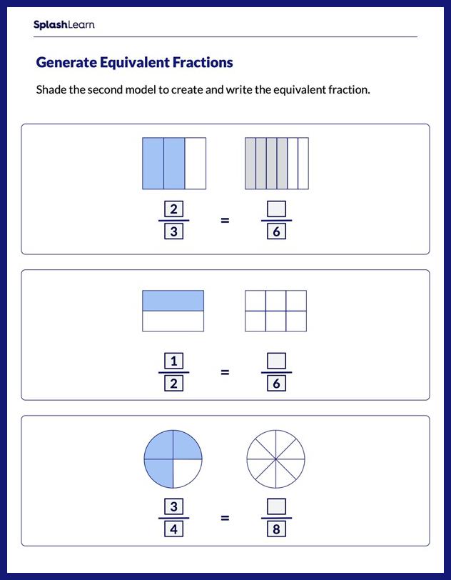 Shade & Make Fractions Equivalent - Math Worksheets - SplashLearn