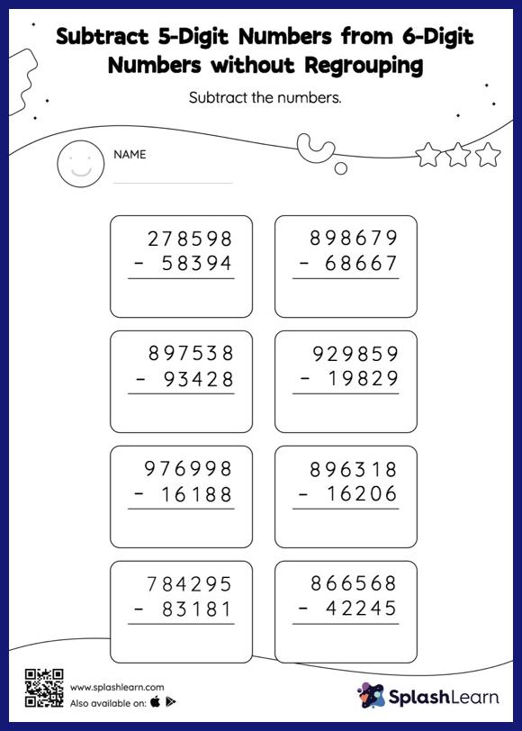 Subtract 5Digit Numbers from 6Digit Numbers without Regrouping Vertical Subtraction Math