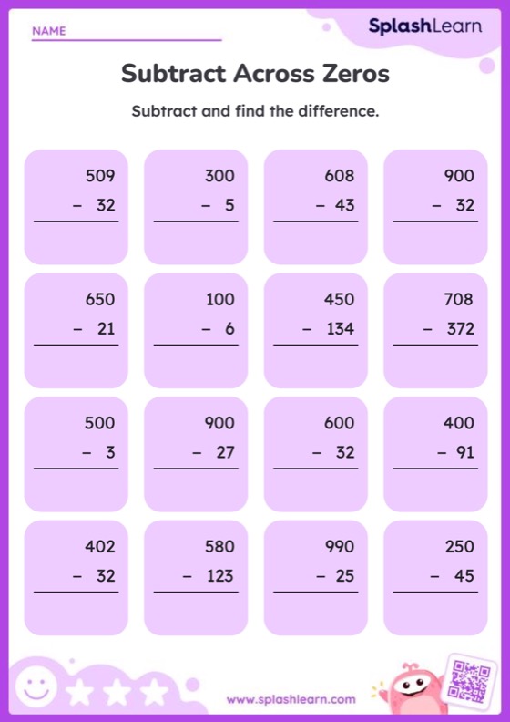 Subtract Across Zeros — Printable Math Worksheet