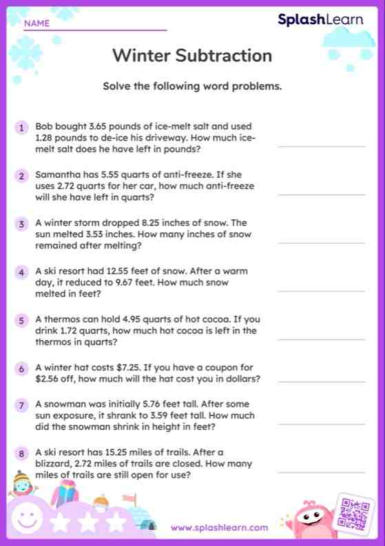 Subtract Decimal Numbers with 2 Decimal Place: Winter Word Problems